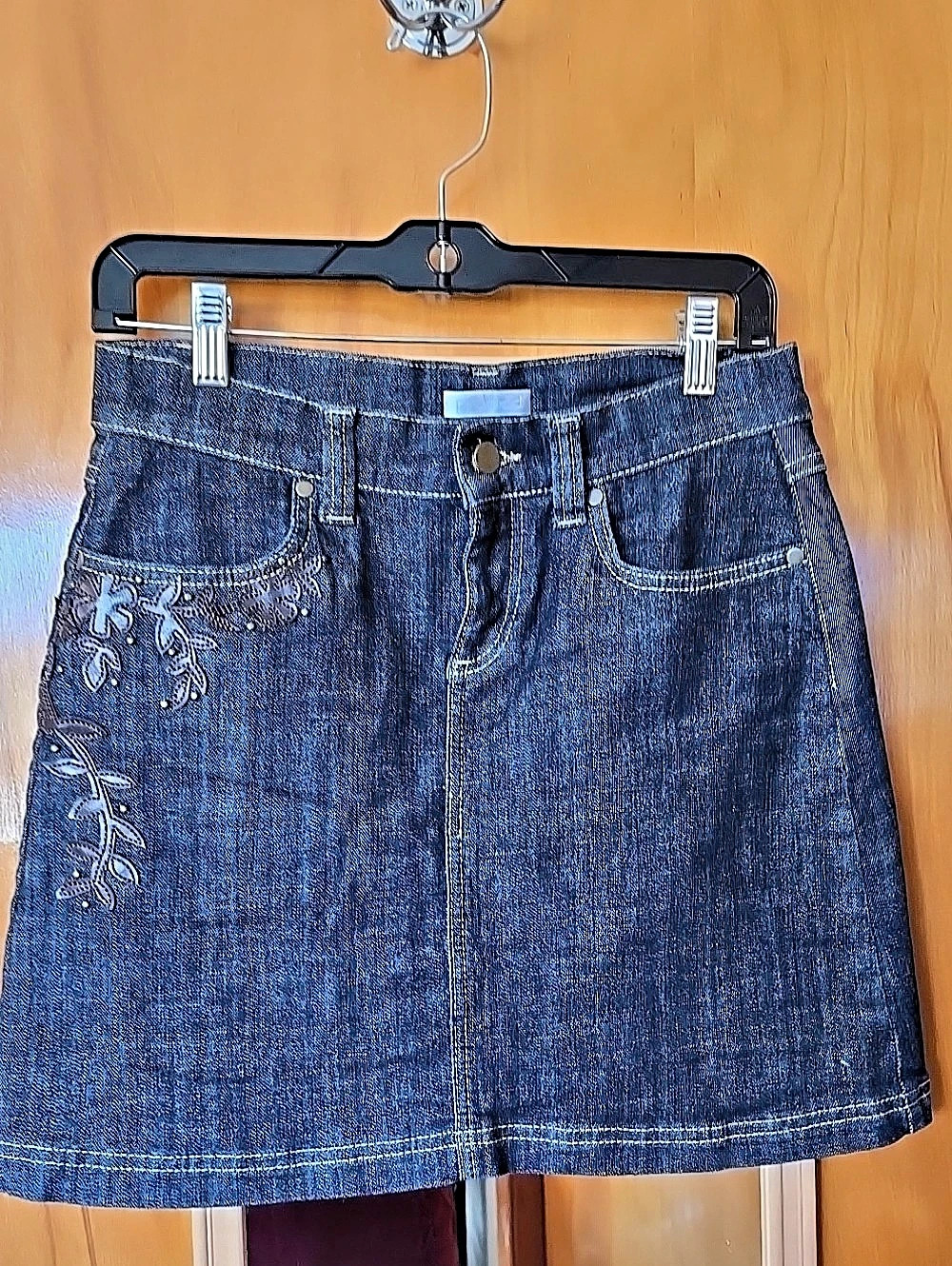 Promod Blue Denim Mini Skirt  W Western Embroidery SMALL